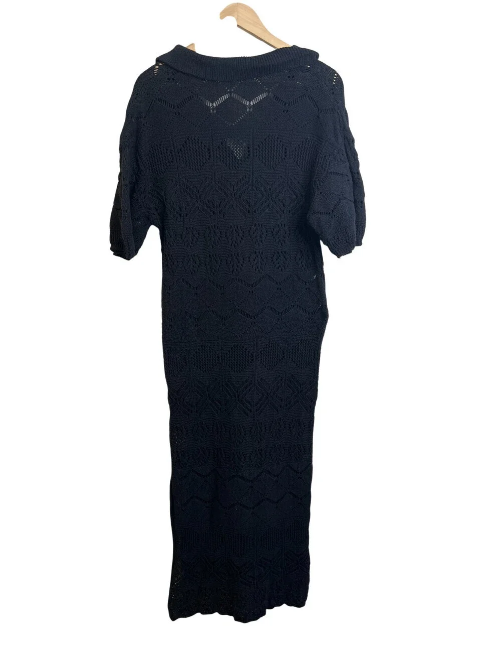 FP Beach Islamorada Crochet Knit Midi Dress Dark Blue Collared Cover Up Size S